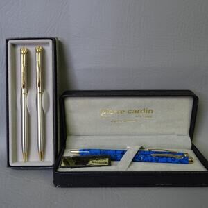 Lot of 2 Luxury Pen Sets Pierre Cardin Blue Marble Quill Silver/Gold